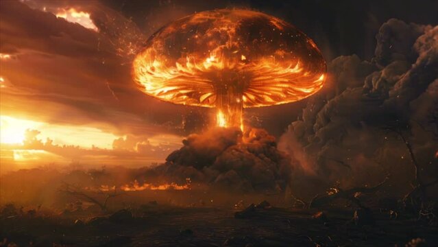 Fire mushroom cloud after nuclear explosion. Atomic bomb blast. Deserted land. Apocalypse, world war