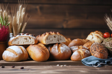 assorted freshly baked artisan breads on wooden table in rustic style