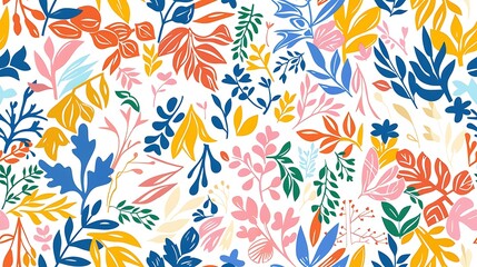 A colorful floral pattern with a variety of abstract leaves and flowers on a white background, perfect for spring and summer designs.