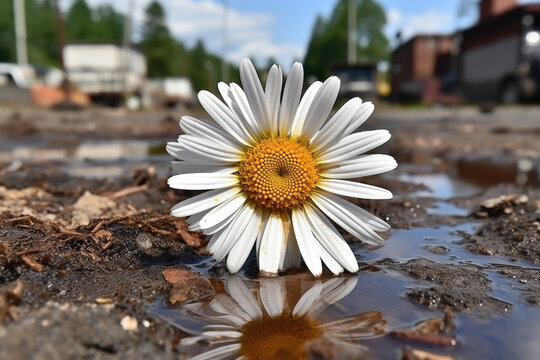 Delicate Chamomile Flower Blooming on a Wet Pavement Nature's fragility in Urban Settings