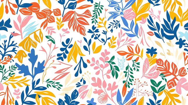 A colorful floral pattern with a variety of abstract leaves and flowers on a white background, perfect for spring and summer designs.