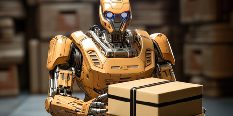 Fototapeta premium Futuristic Robot Delivering Package in Warehouse AI Logistics and Automation