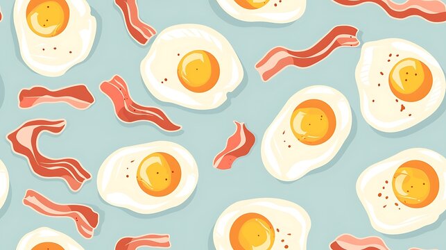 A playful pattern of illustrated fried eggs and bacon strips on a teal background perfect for a quirky kitchen wallpaper design. 