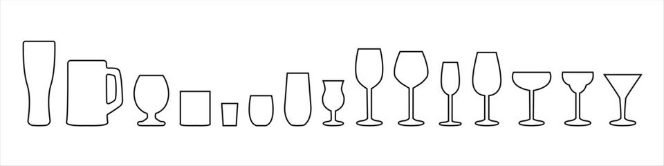 Set of icons of alcohol glasses. Alcohol glass types