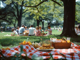 Family enjoying a sunny day picnic in the park with a red checkered blanket, delicious food, and refreshing drinks, perfect for a memorable outdoor gathering or relaxing weekend escape.