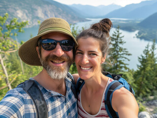 Happy couple taking a selfie on a scenic hike with a beautiful mountainous landscape and lake in the background, showcasing the joy of outdoor adventures and exploration.