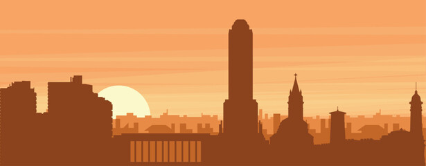 Fototapeta premium Brown panoramic poster of the city skyline with misty background buildings, sunrise, clouds and mountains of ROSARIO, ARGENTINA