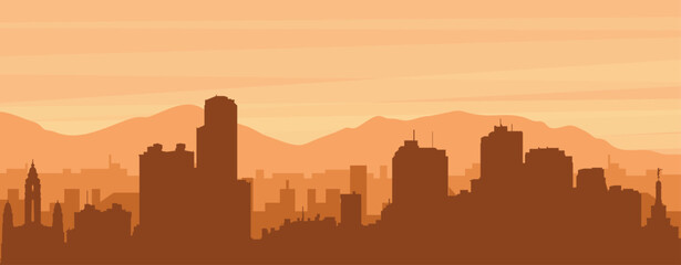 Brown panoramic poster of the city skyline with misty background buildings, sunrise, clouds and mountains of CARACAS, VENEZUELA