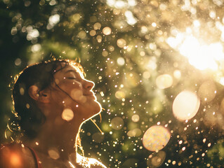 Woman enjoying a refreshing summer rain, face tilted up with a serene expression, surrounded by warm sunlight and golden bokeh, evoking a sense of peace and nature's beauty.