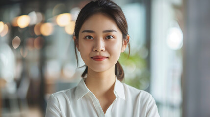 Obraz premium Confident young asian businesswoman portrait. Headshot of a young Asian businesswoman in a modern office, exuding professionalism and success.