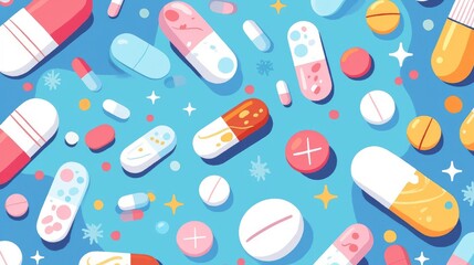 Child friendly doodle style flat 2d illustration of cute pills and liquid medicines for kids
