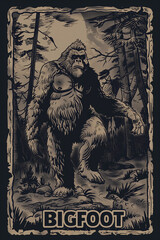 Bigfoot poster cryptid art. Sasquatch card illustration. Yowie artwork.