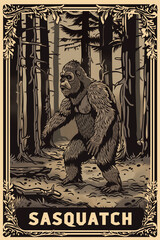 Fototapeta premium Bigfoot poster cryptid art. Sasquatch card illustration. Yowie artwork.