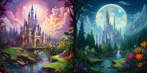 Fototapeta premium Illustration of whimsical castles nestled within lush, magical forests and colorful flora
