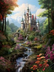 Illustration of whimsical castles nestled within lush, magical forests and colorful flora