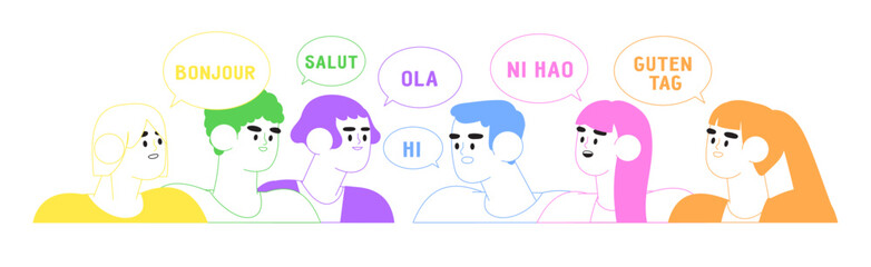 Multilingual greeting flat vector illustration concept. Friendly cartoon men and women saying hello in different languages. Native speakers of diverse cultures having international communication.