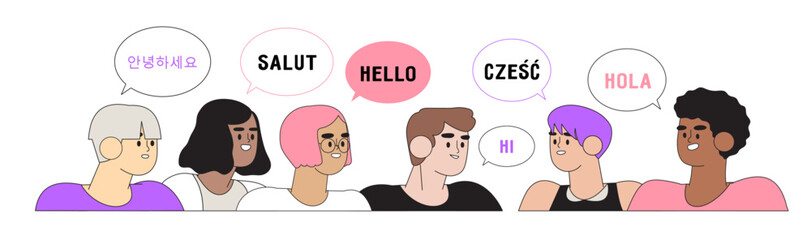 Multilingual greeting flat vector illustration concept. Friendly cartoon men and women saying hello in different languages. Native speakers of diverse cultures having international communication.