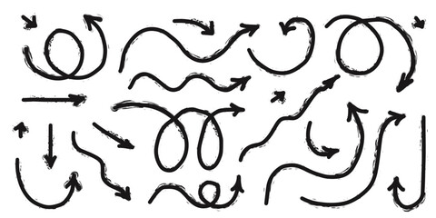 Charcoal playful arrows vector set. Hand drawn freehand different curved lines, swirls arrows. Doodle marker drawing, black chalk smears. Textured direction pointers. Scribbles and scrawls.