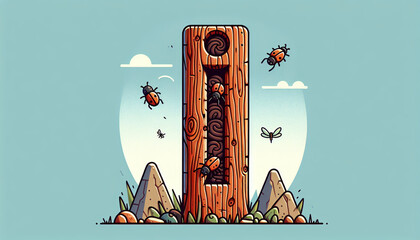 Letter i is carved into a vertical tree trunk, with insects burrowing through the wood