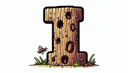 The letter i carved into a large vertical tree trunk, with insects burrowing through the wood