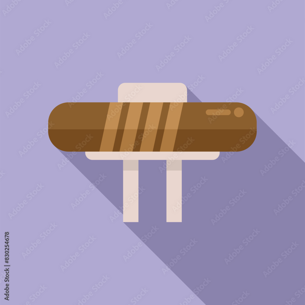 Poster modern flat design icon of a grilled sausage on a fork with a shadow, isolated on a purple backgroun