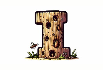 A letter i carved into a large vertical tree trunk, with insects burrowing through the wood