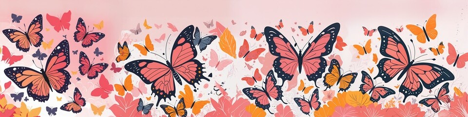A colorful butterfly pattern with pink and orange butterflies