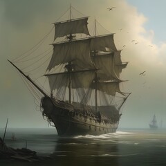 Naklejka premium old ship on the sea, Flying Dutchman Forgotten Fleets, pirate ship, travel ship