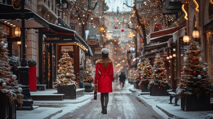 Obraz premium A woman in a red coat walks down a beautifully decorated street, lined with Christmas trees and lights, embodying the festive spirit and charm of the holiday season