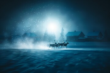 A magical winter scene with reindeer running through a snowy landscape under a starry sky. The enchanting atmosphere captures the wonder of the holiday season