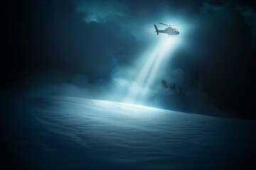 A helicopter shines a spotlight down on a snow-covered landscape, creating a dramatic and intense night scene. The light pierces through the darkness, highlighting the snowy terrain.