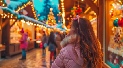 Fototapeta premium Small Girl in a pink coat explores a bustling Christmas market, illuminated by warm lights and festive decorations, enjoying the seasonal festivities