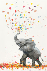 illustration of a few Confetti watercolor from an baby elephant's trunk, Birthday Card
