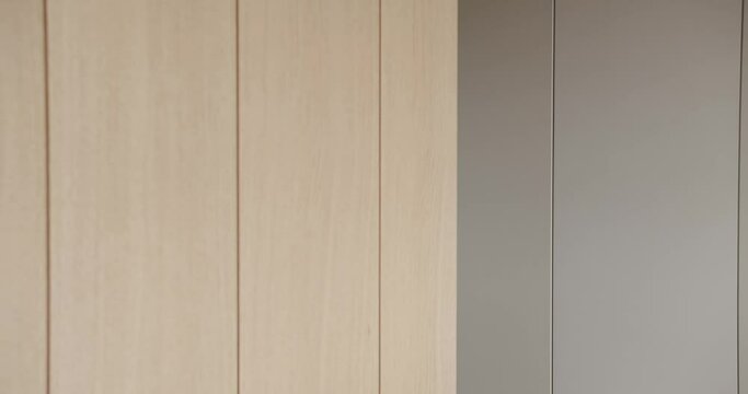 Wooden wood background texture board. Wooden panels in kitchen room. Empty room and wood panels wall background. 