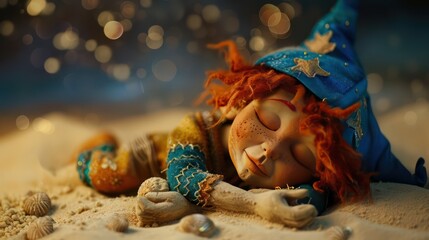 The sandman sleeps among the magical sleepy dust, magical dreams in a good fairy tale. Generative AI