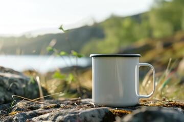 Close up white enamel mug in lake, summer hiking camp. Generative AI