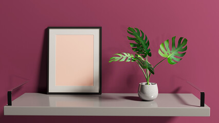 green plant and picture on the sfelf, 3d