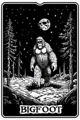 Bigfoot poster cryptid art. Sasquatch card illustration. Yowie artwork.