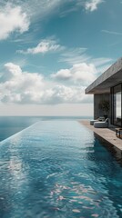 Contemporary luxury villa terrace with infinity pool and stunning ocean view, minimalist furniture. Luxury villa with swimming pool