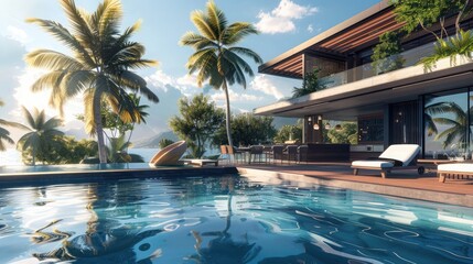 Obraz premium Elegant luxury residence pool area with sleek design, swim-up bar, island oasis. Luxury villa with swimming pool