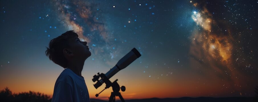Boy looking through a telescope at the night sky with stars and galaxies. Astrophotography. Space exploration and curiosity concept.