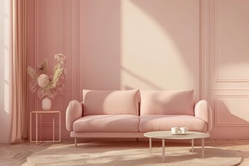 Soft pink interior with modern sofa and floral decor