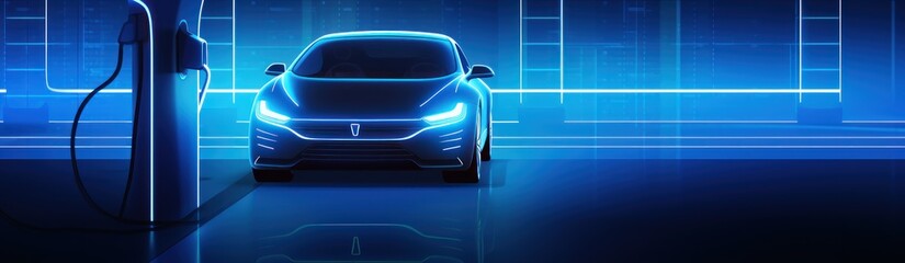 Neon glowing Futuristic electric car 3d illustration. Modern Electric Vehicle with neon lights. Electric Vehicle. Futuristic electric car. Electric cars of the future, 3d illustration. Neon car.	
