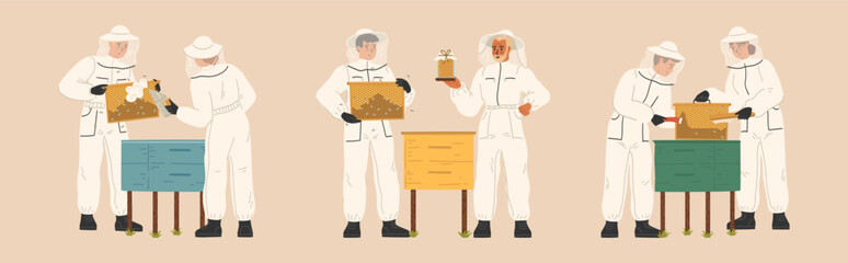 Men and women in beekeepers suit gathering honey at apiculture