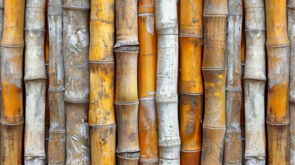  A tight shot of yellow and white bamboo canes with peeling paint at their bases and frayed ends