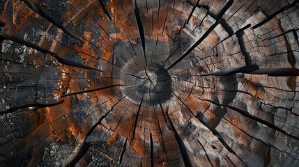 A close up of a tree stump with a lot of cracks and splinters