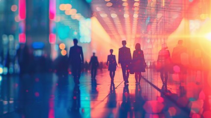 Obraz premium Abstract Silhouettes in Vibrant Cityscape, Generative AI