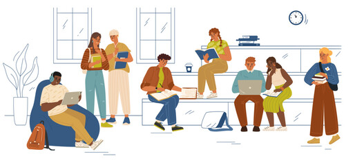 Students cartoon characters studying, resting together at campus indoors