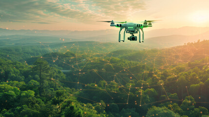 A drone flying over a digital green landscape, monitoring environmental changes and biodiversity.