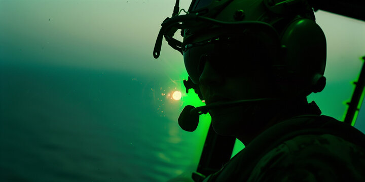 a documentary close up portrait photo of a United States Marine Corps Cobra helicopter pilot in the helicopter cockpit at night, flying over the open ocean.